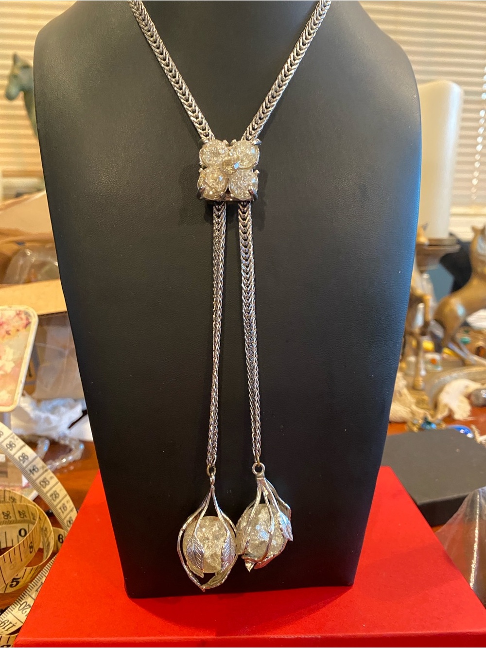 Fire and Ice Stone Silver-Tone Crackled Quartz Necklace with A Chevron Chain.